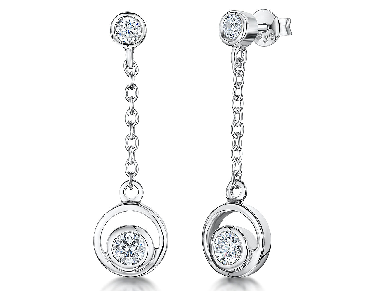 A pair of sterling silver circle drop earrings with cubic zirconia stones, -JOOLS by Jenny Brown