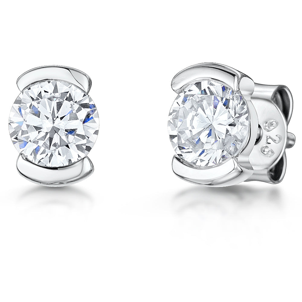 Sterling Silver Half Bezel Set Black Zirconia Stud  Earrings