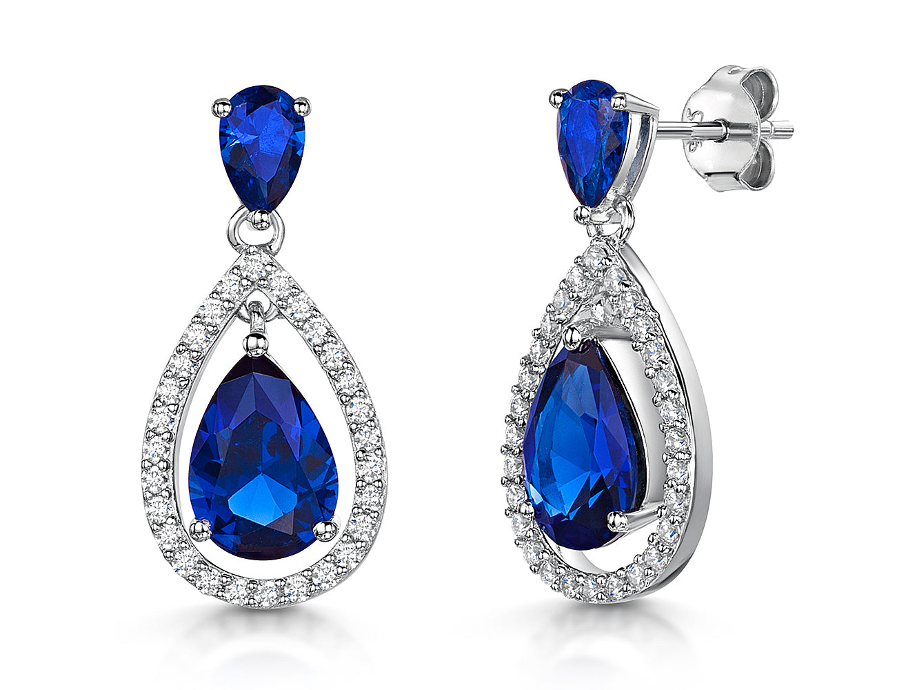 Sterling Silver Blue Sapphire Cubic Zirconia Teardrop Earrings