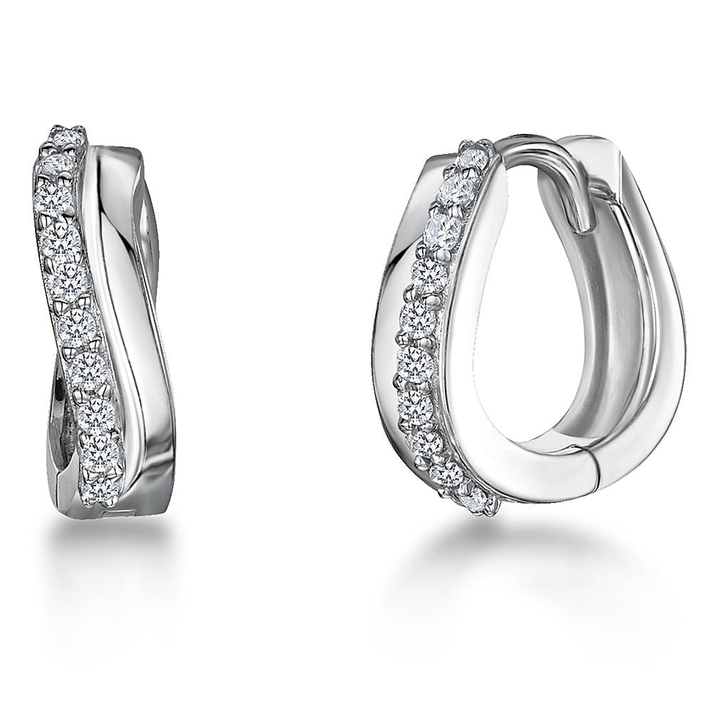 Sterling Silver Twist Crossover Hoop Earrings | Cubic Zirconia Huggie Studs