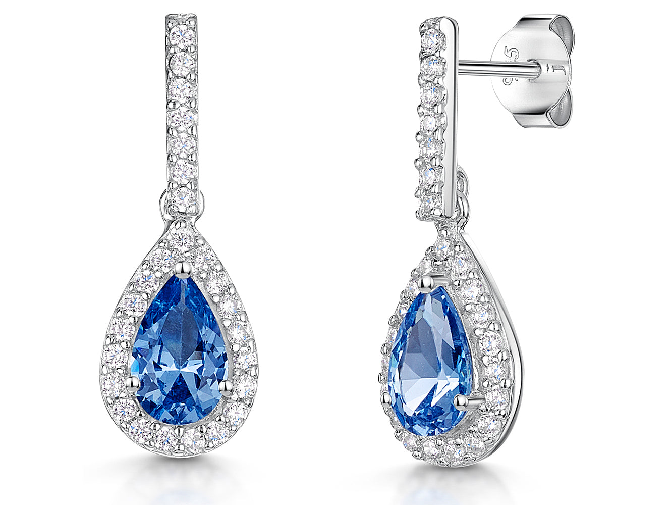 Sterling Silver Light Blue Drop Halo  Earrings