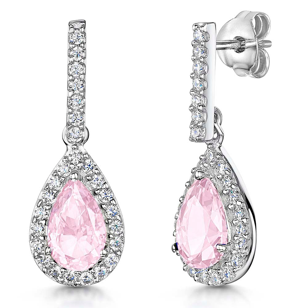 Sterling Silver Light Pink Cubic Zirconia Drop Halo Earrings