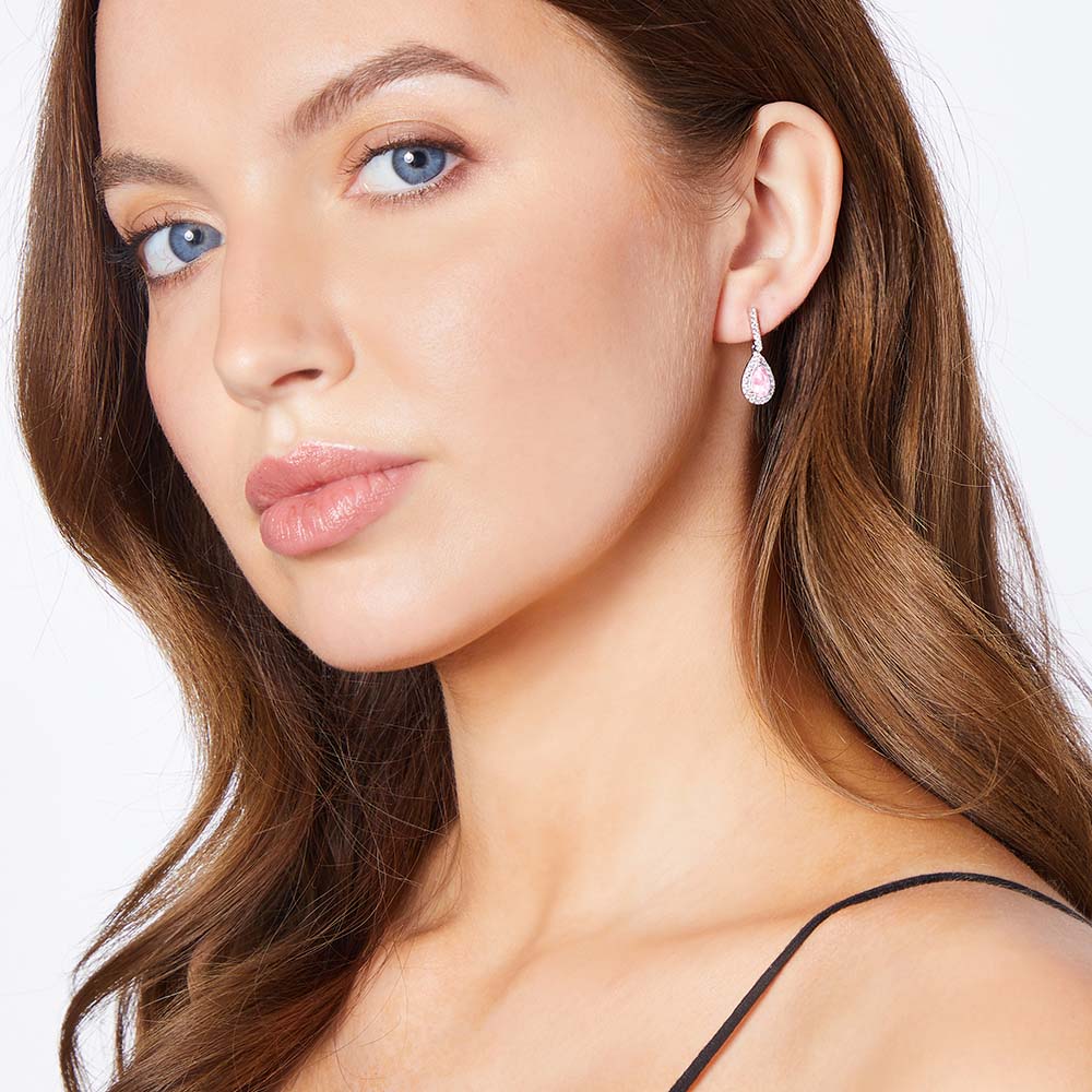 Sterling Silver Light Pink Cubic Zirconia Drop Halo Earrings