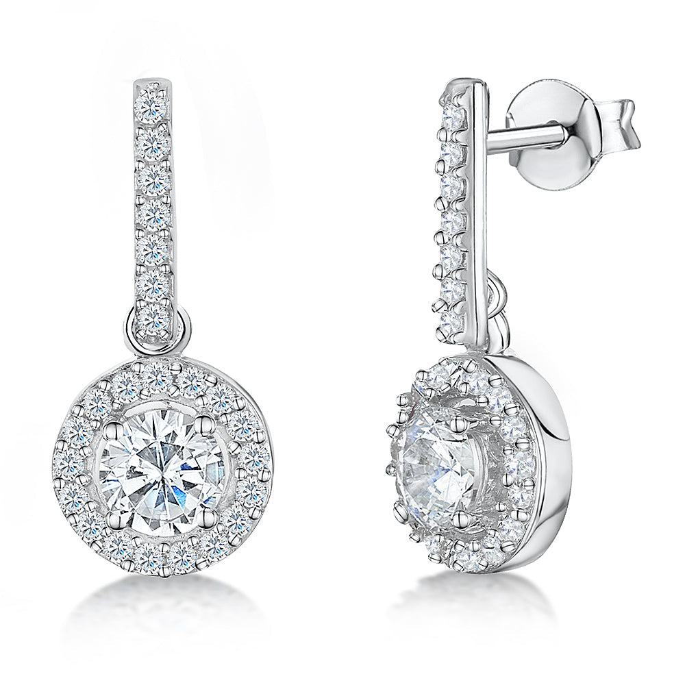 Sterling Silver Halo Drop Round Cubic Zirconia Earrings