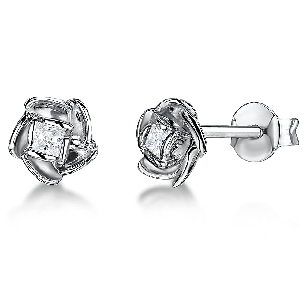 Sterling Silver Flower Stud Earring With Central Cubic Zirconia