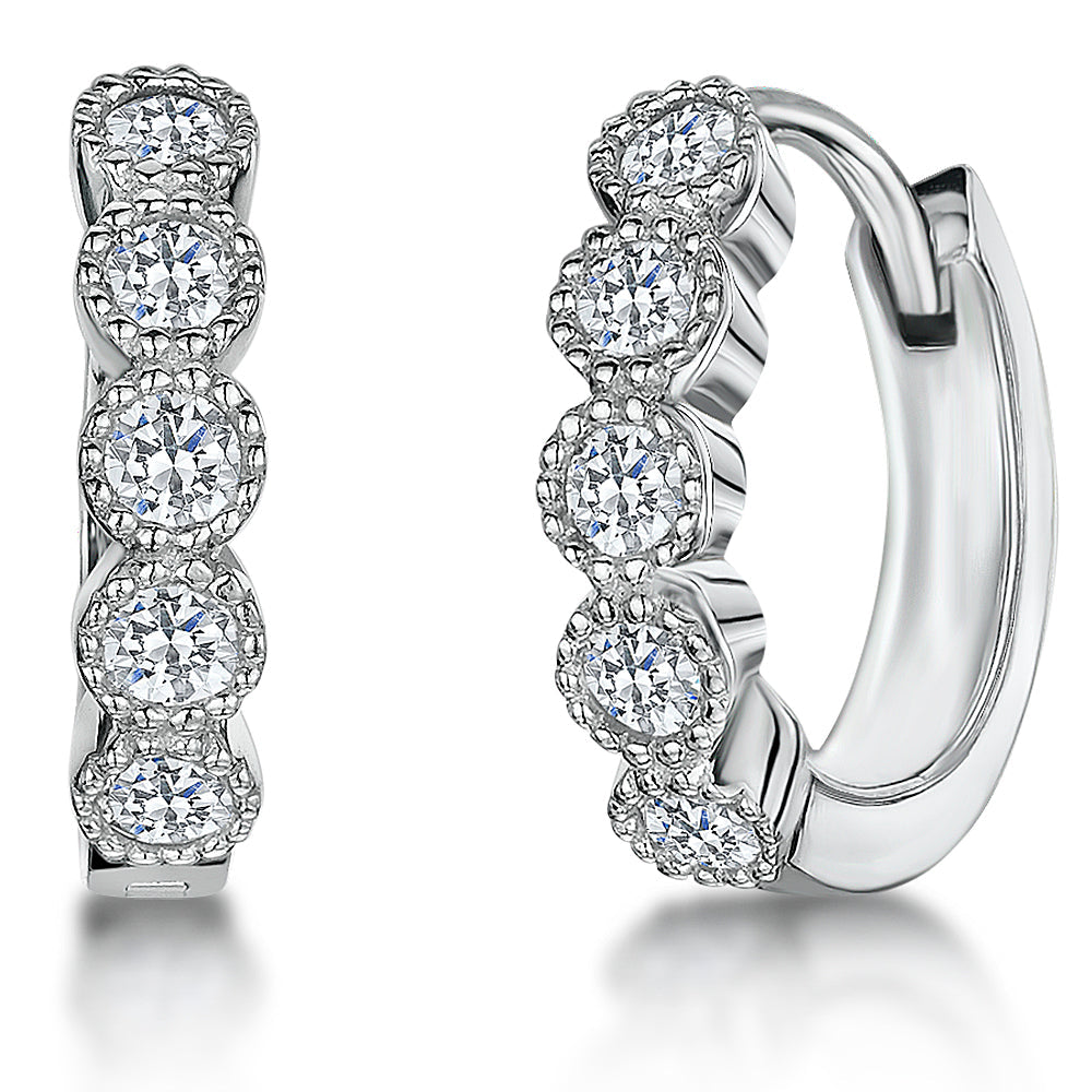 Sterling Silver Huggie Hoop Earrings With Beaded Millgrain Surround