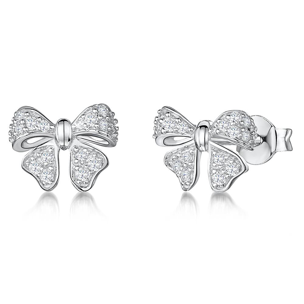 Sterling Silver Bow Earrings Set With Cubic Zirconia Stones