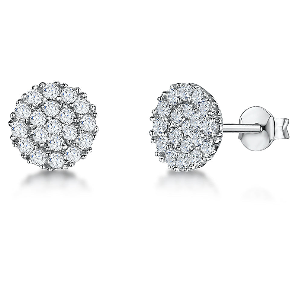 Sterling Silver Concave Round Pave Stud Earrings