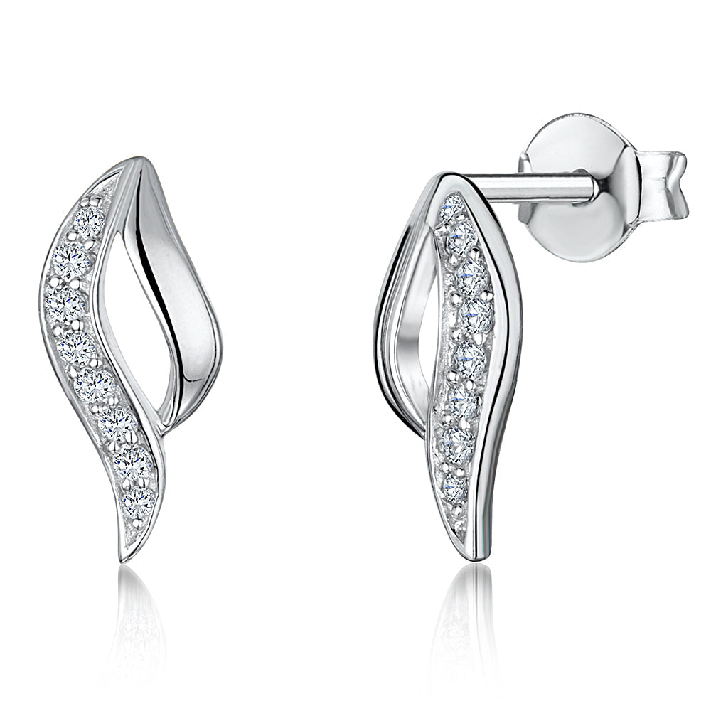 Sterling Silver Wave Stud Earring With Pave Cubic Zirconia