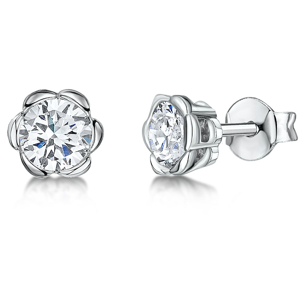 Sterling Silver Solitaire Flower Stud Earrings
