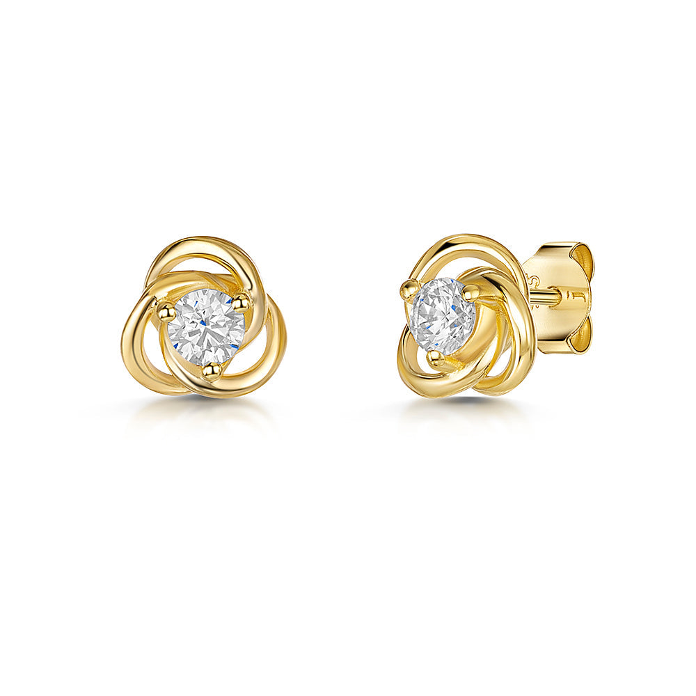 Gold Vermeil Cubic Zirconia Love Knot Stud Earrings | Silver Trio Ribbon Studs