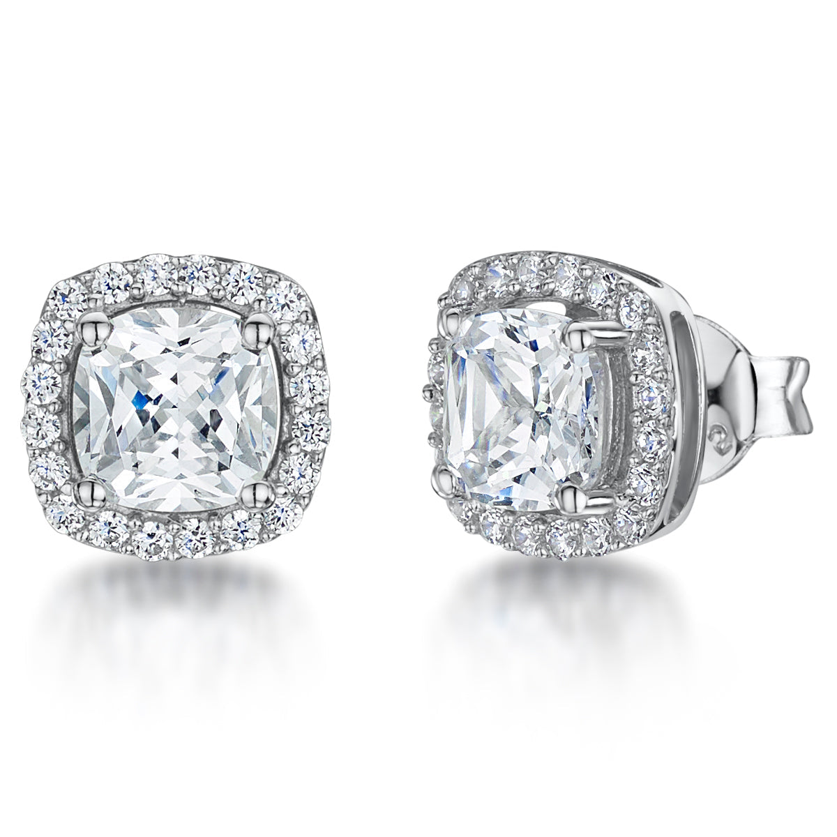 Sterling Silver Cushion Cut  Halo Stud Earrings