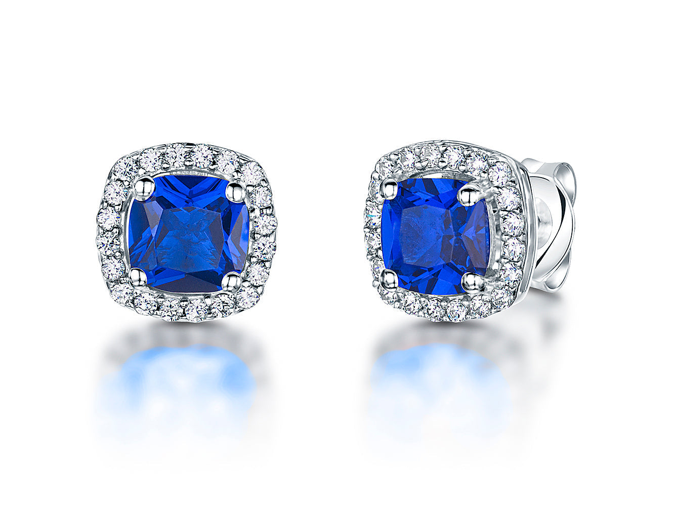Sterling Silver Halo Sapphire Blue Cubic Zirconia Earrings