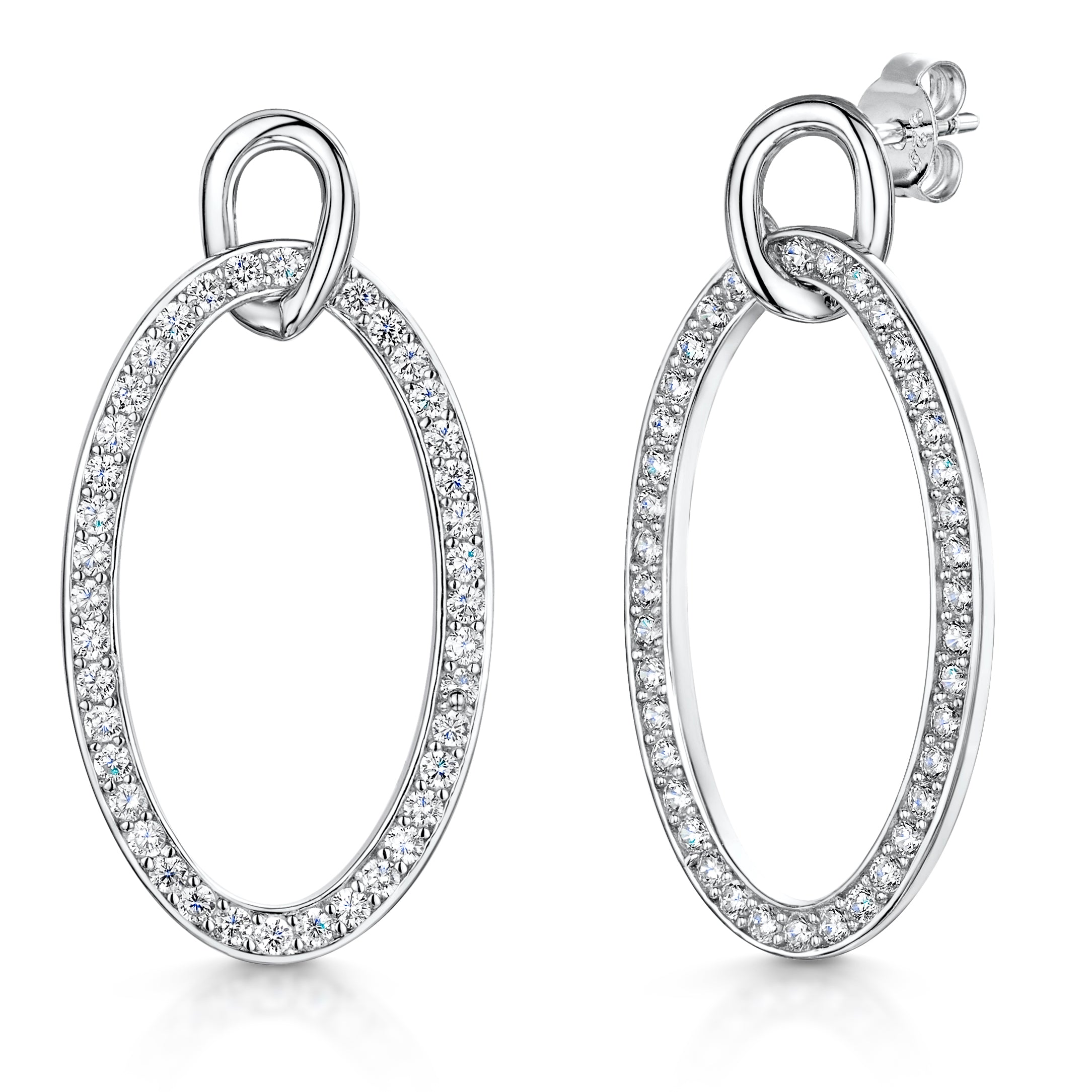 Sterling Silver Open Oval Drop Link Earrings With Cubic Zirconias