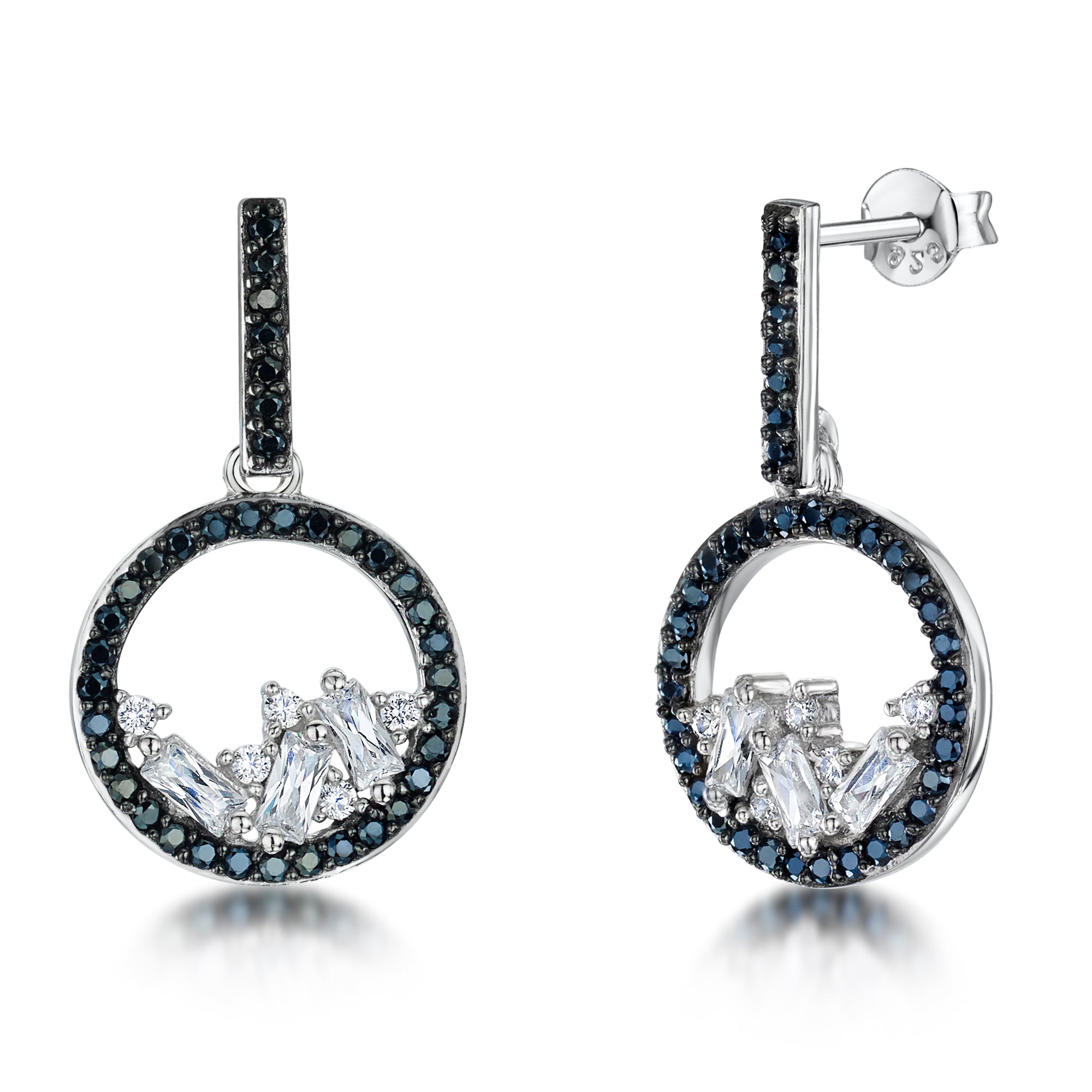 Sterling Silver Black Pave Baguette Cubic Zirconia Earrings