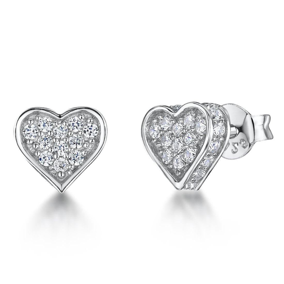 Sterling Silver Small  Pave Cubic Zirconia  Heart Stud  Earrings