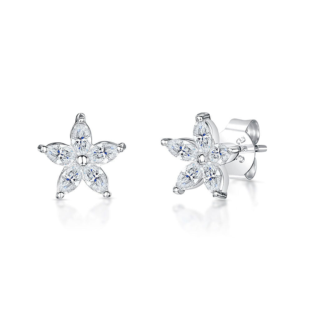 Sterling Silver Marquise Flower Stud Earrings