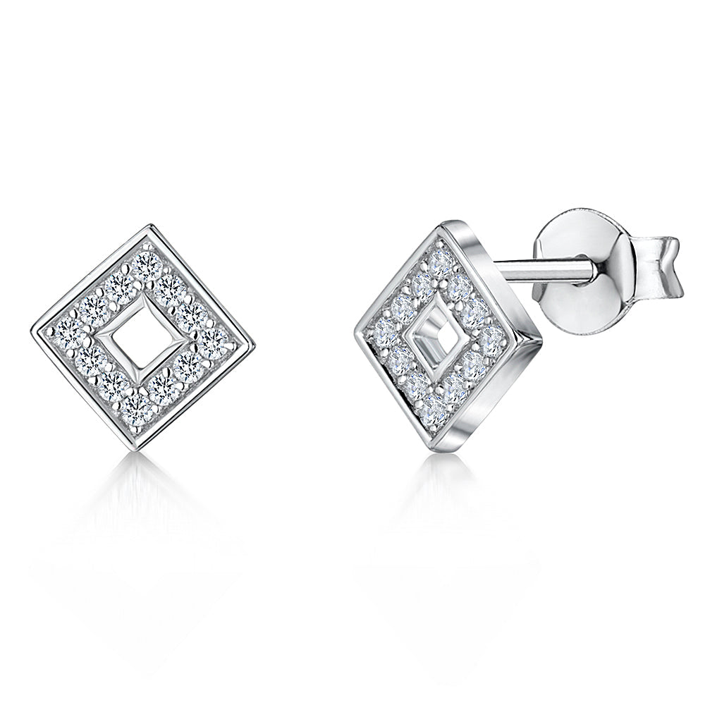 Sterling Silver Square Shaped Pave Set Stud Earrings
