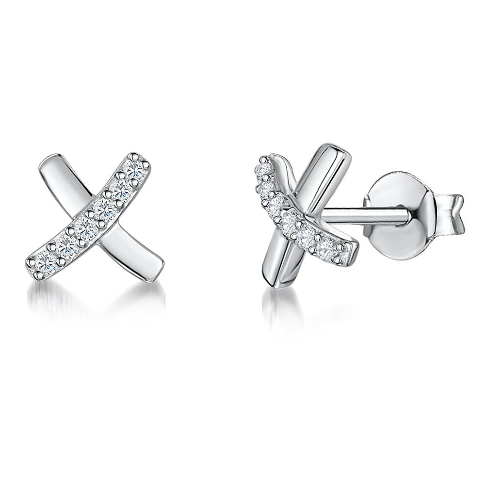 Sterling Silver Criss Cross Stud Earrings –  Kiss Studs with CZ Accents