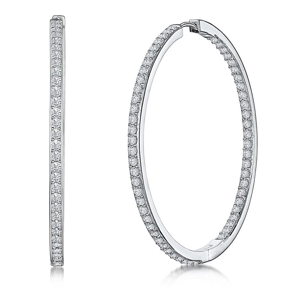 Sterling Silver Large Hoop Earrings With a Single Row of Cubic Zirconia Stones