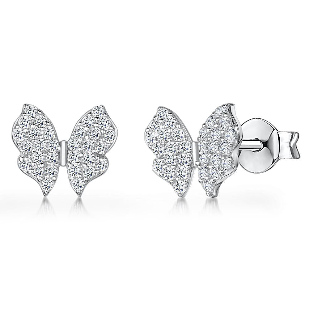 Sterling Silver Delicate Butterfly Stud  Earrings Pave Set