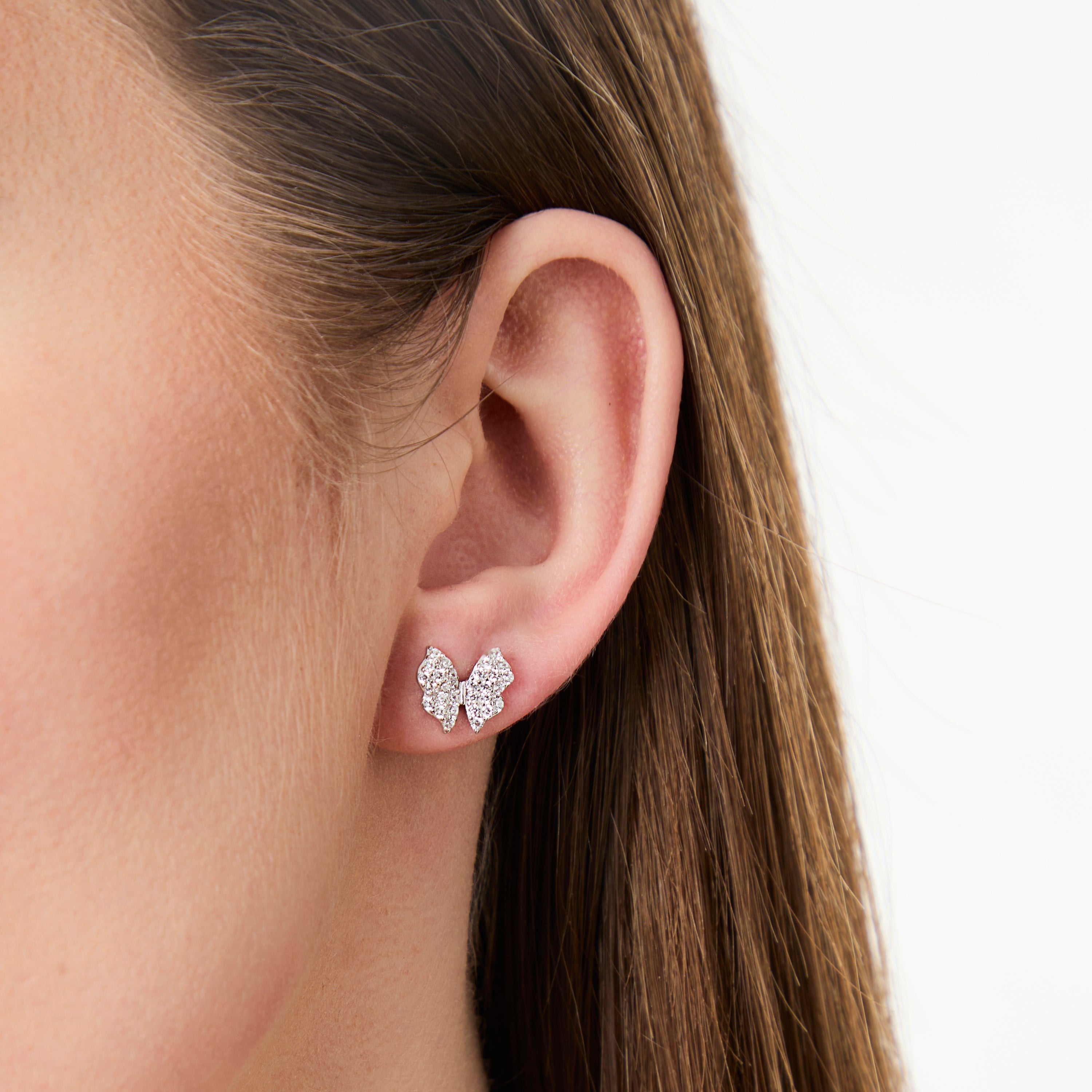 Sterling Silver Delicate Butterfly Stud  Earrings Pave Set