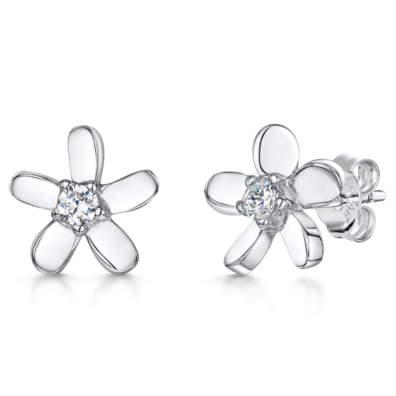 Sterling Silver Flower Petal Studs With Central Cubic Zirconia