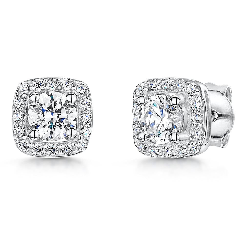 Sterling Silver Cushion Cut Halo Earrings