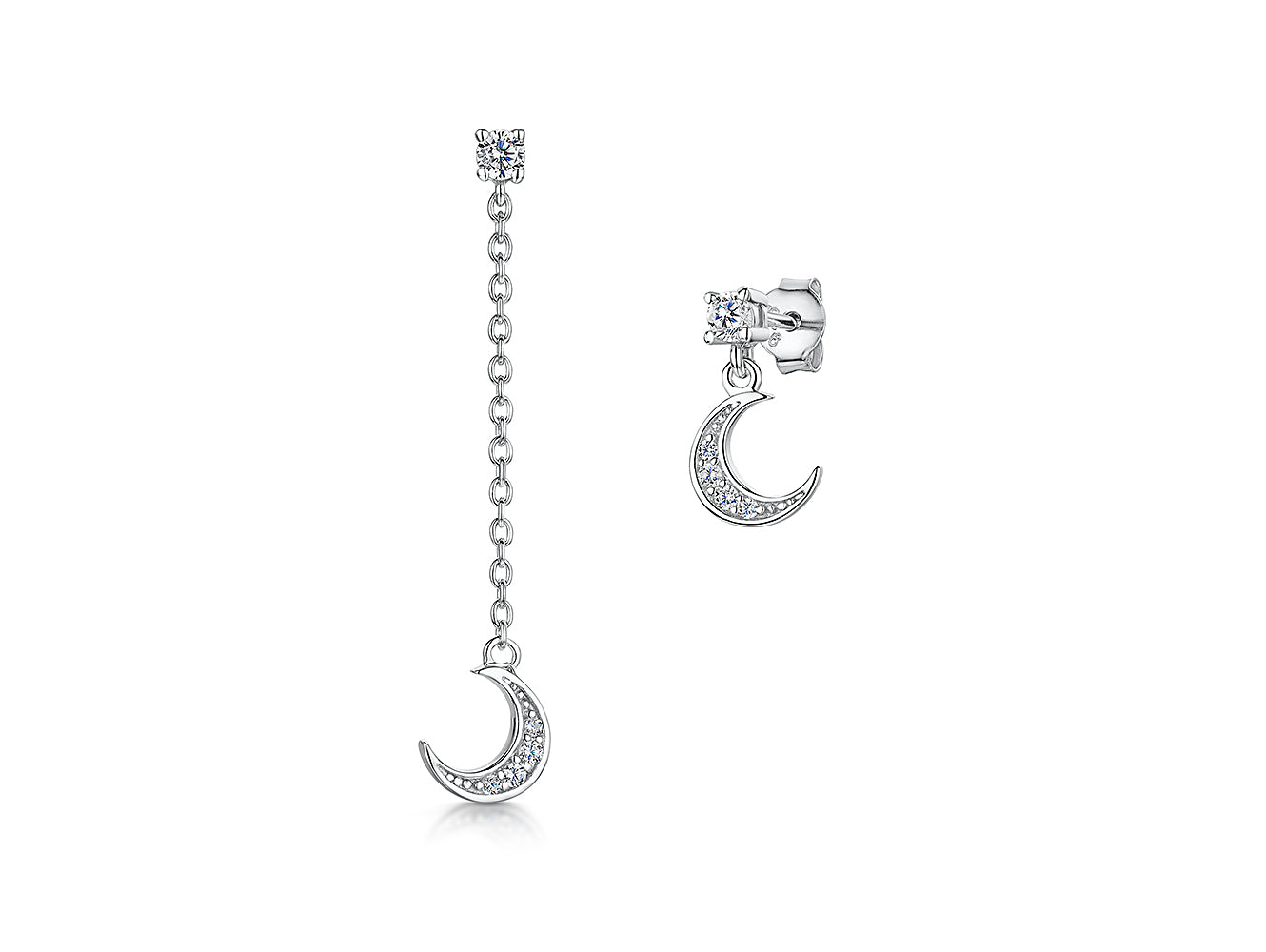 Sterling Silver Half Moon Stud And Long Chain Earrings