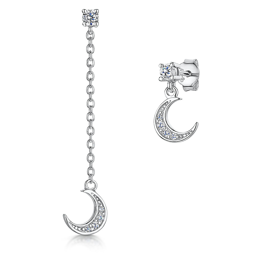 Sterling Silver Half Moon Stud And Long Chain Earrings