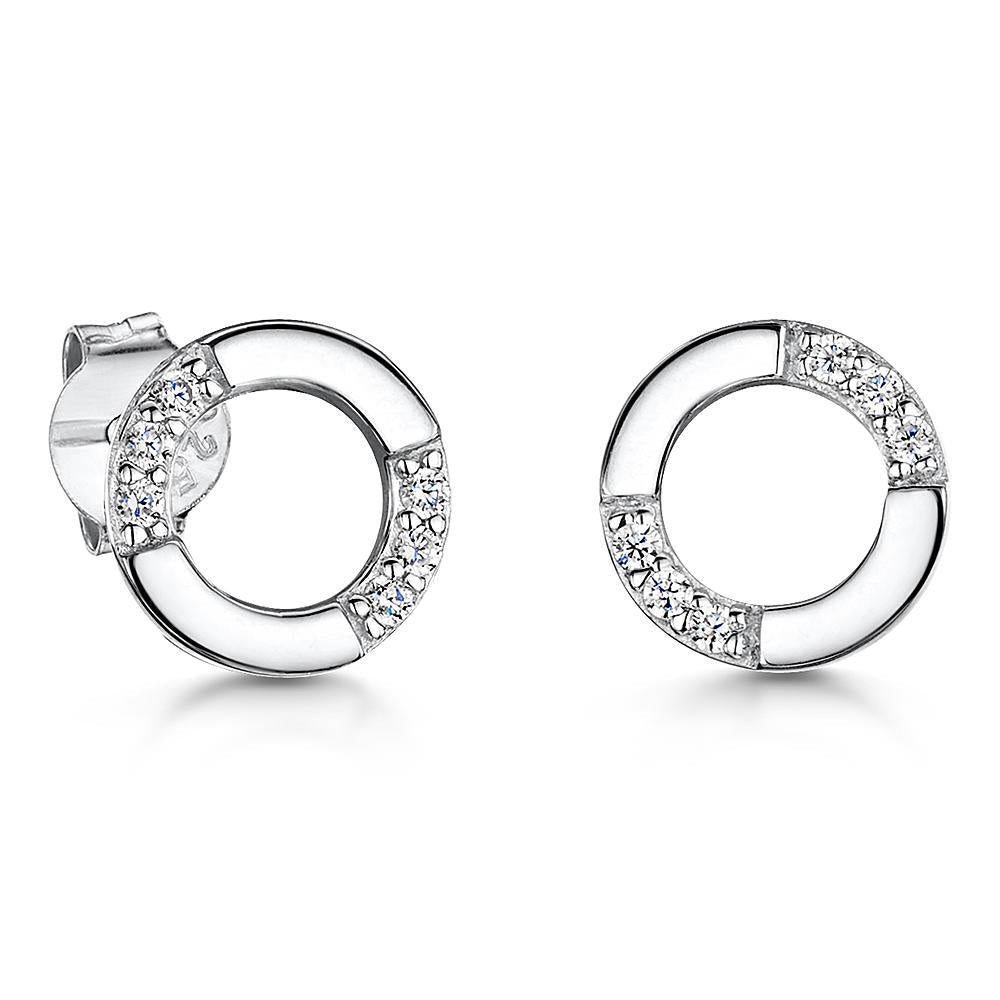 Sterling Silver Half Zirconia Circle Stud Earrings