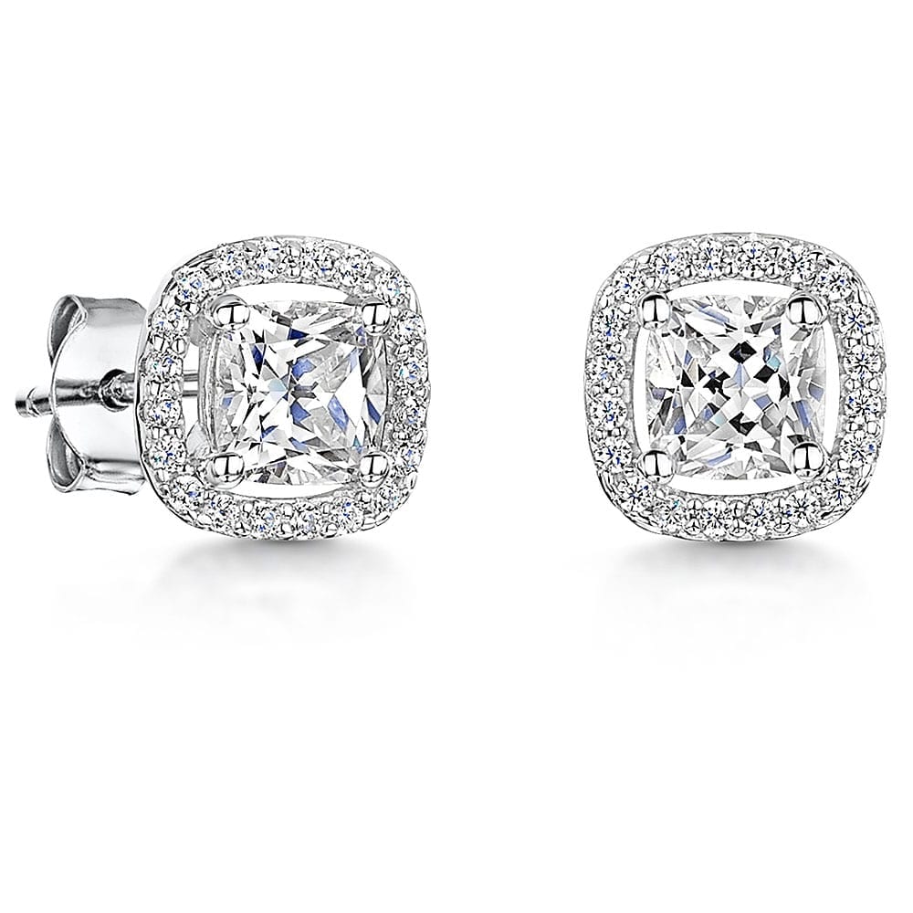 Sterling Silver Small Cushion Cut Halo Earrings