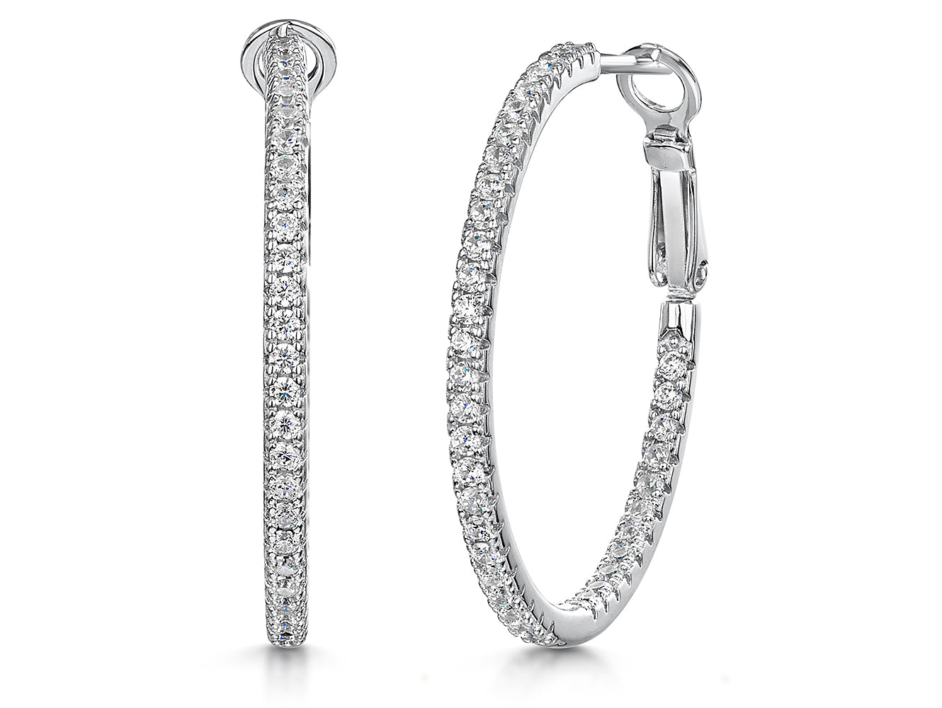 Sterling Silver CZ Hoop Latchback Earrings