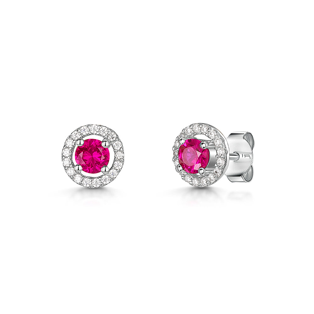 Sterling Silver Ruby Red Zirconia  Halo Stud Earrings