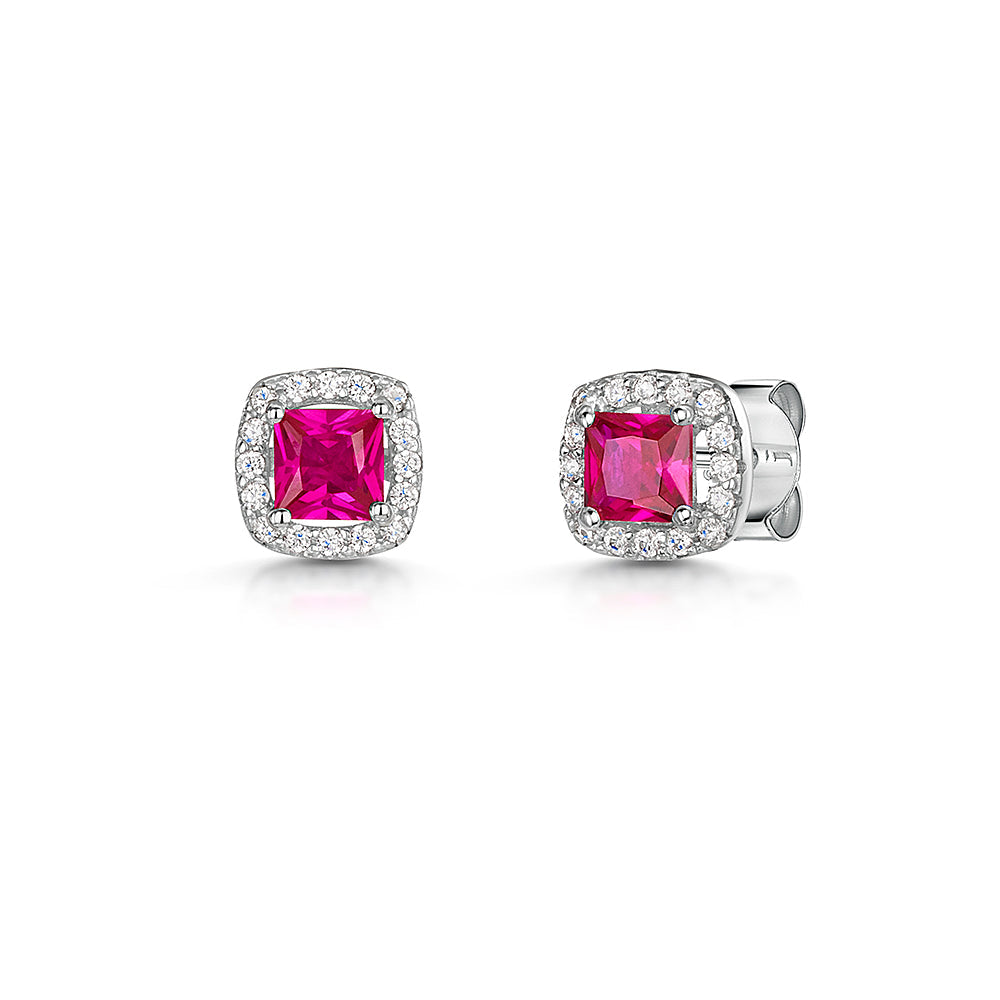 Sterling Silver Ruby Red  CZ Halo Earrings