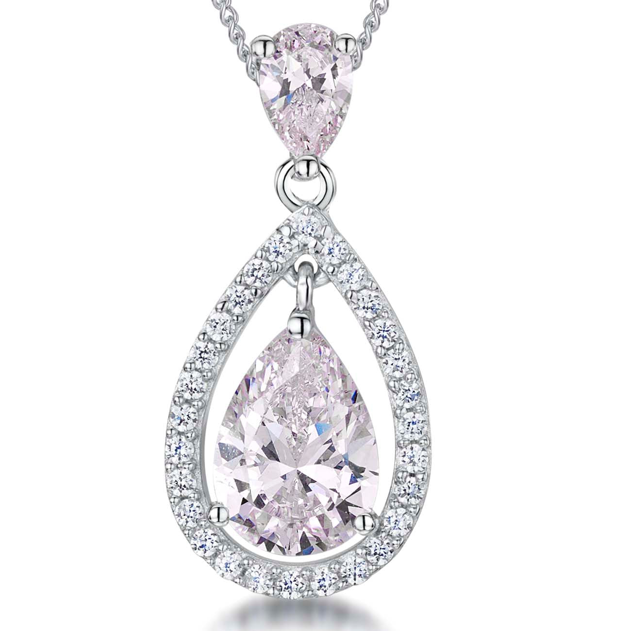 Sterling Silver Light Pink  Halo Teardrop Pendan