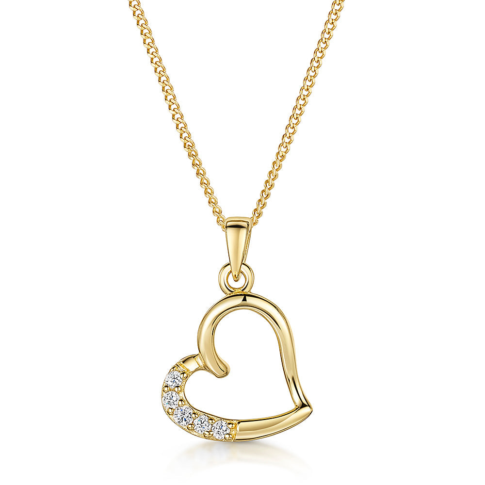 Yellow Gold Offset  Heart Pendant With Cubic Zirconia Stones