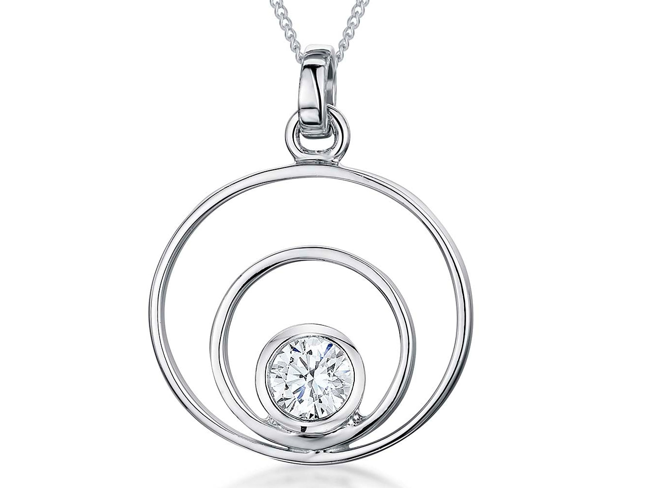 Sterling Silver Pendant With Two Circles And A One Carat Cubic Zirconia Stone Set Centre