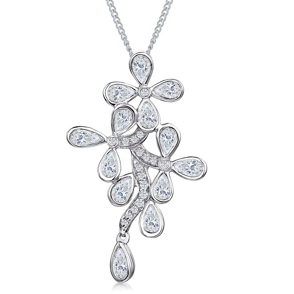 Sterling Silver Cascading Flower Pendant Set With Cubic Zirconia Stones