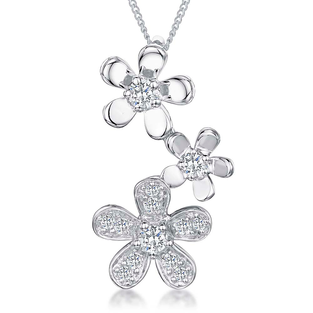 Sterling Silver Three Flower Drop  Cubic Zirconia Pendant