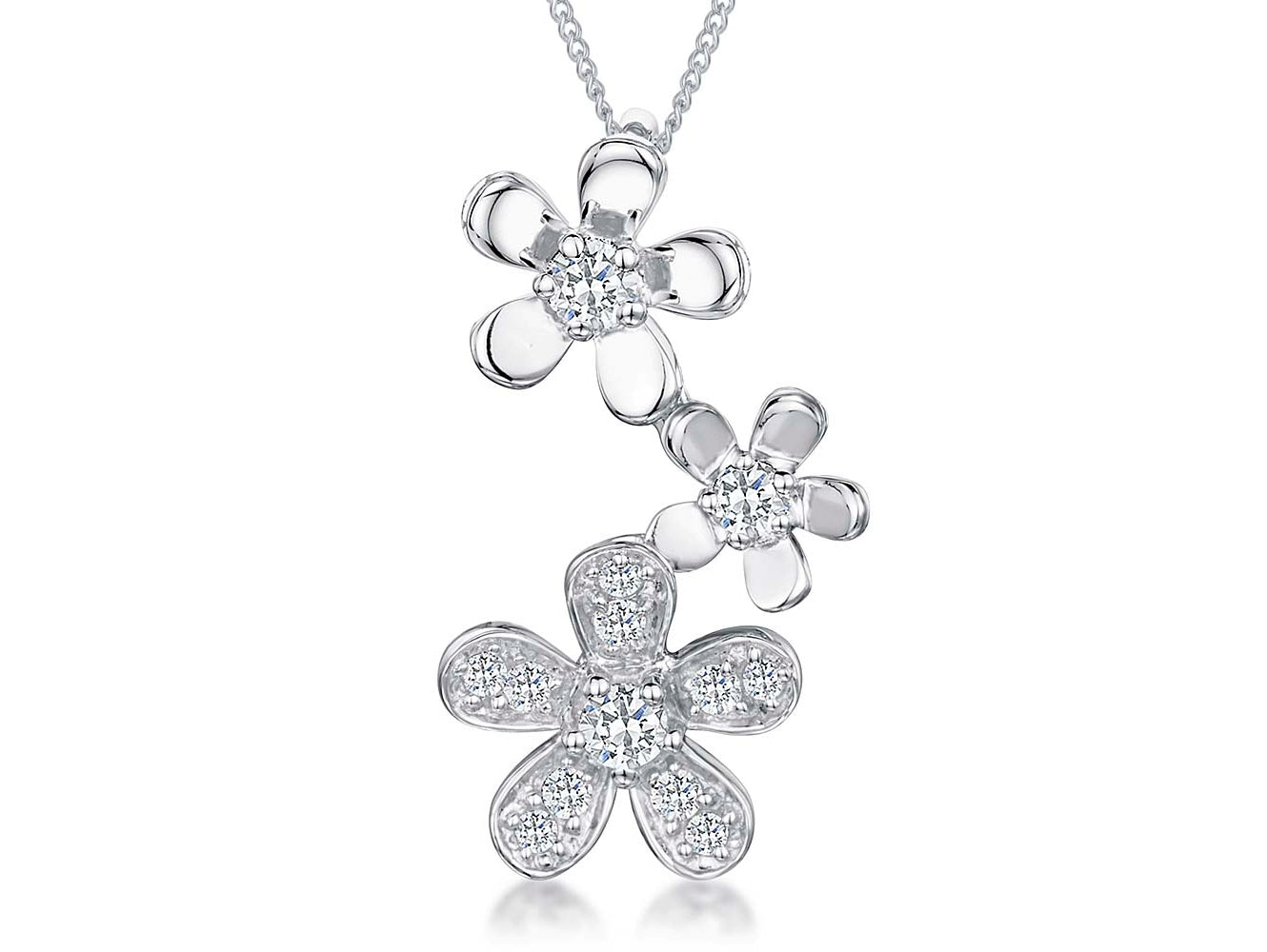 Sterling Silver Three Flower Drop  Cubic Zirconia Pendant