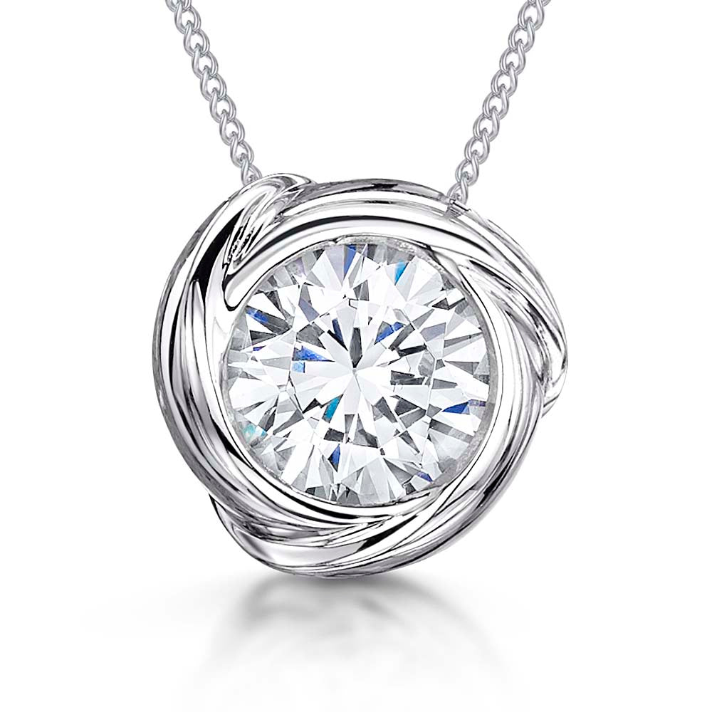 Sterling Silver 1.3 Carat  Cubic Zirconia Solitaire Pendant In A Swirl Surround