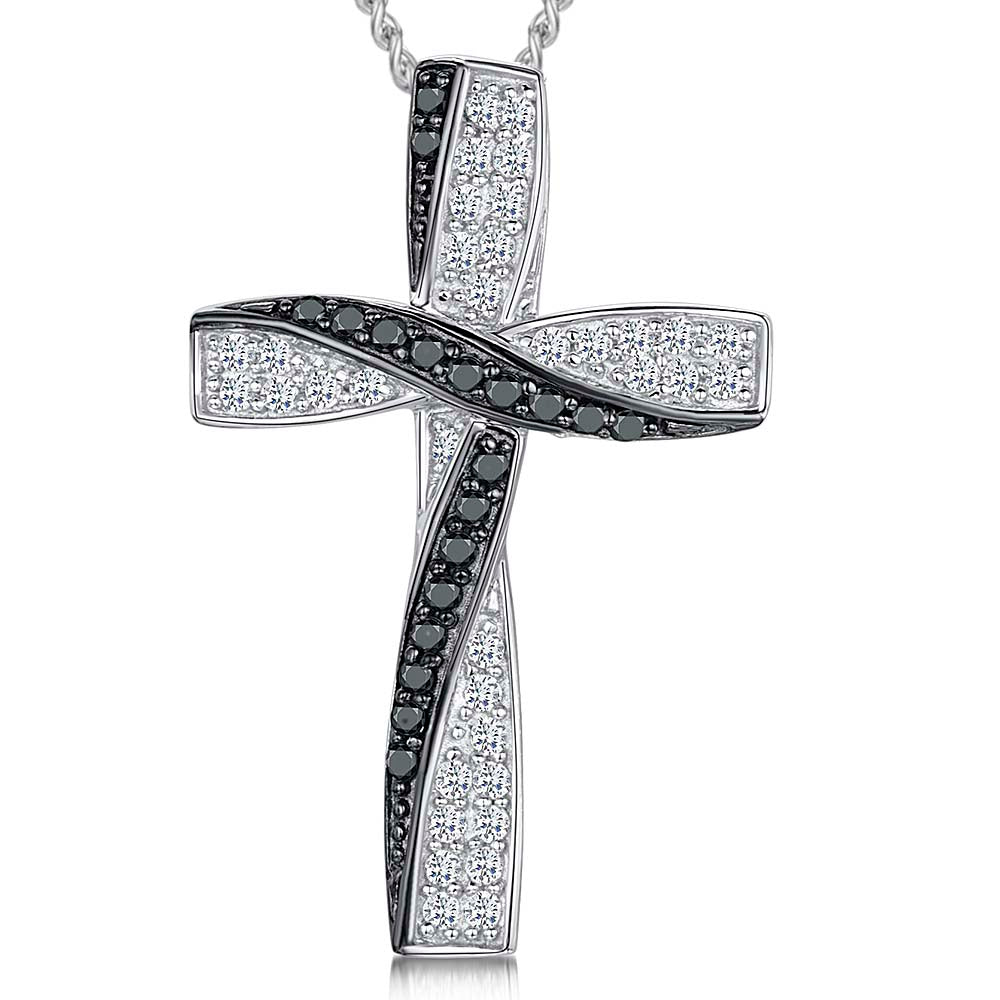Sterling Silver Cubic Zirconia Crossover Ribbon Cross Necklace