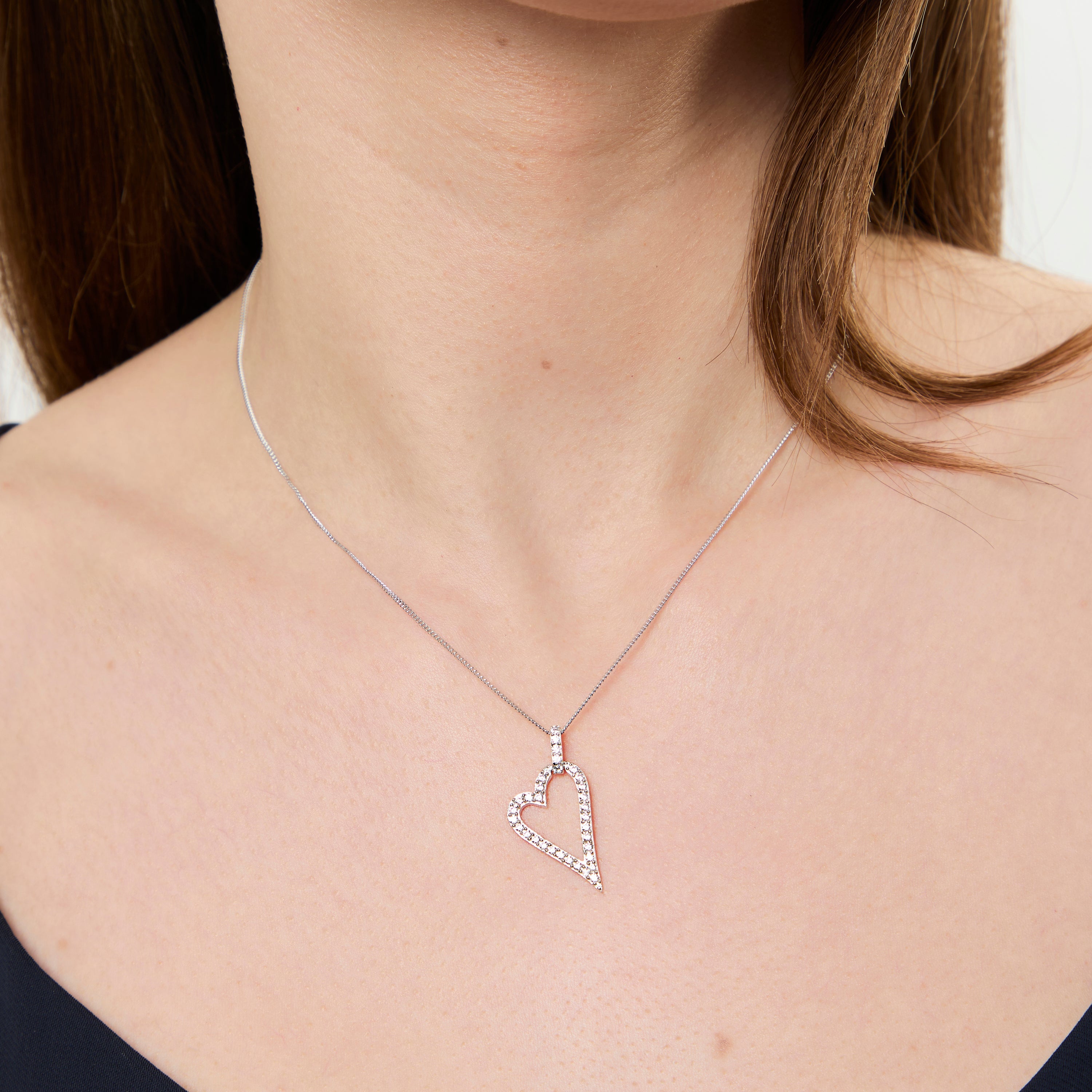 Sterling Silver Offset Heart Pendant  Pave Set