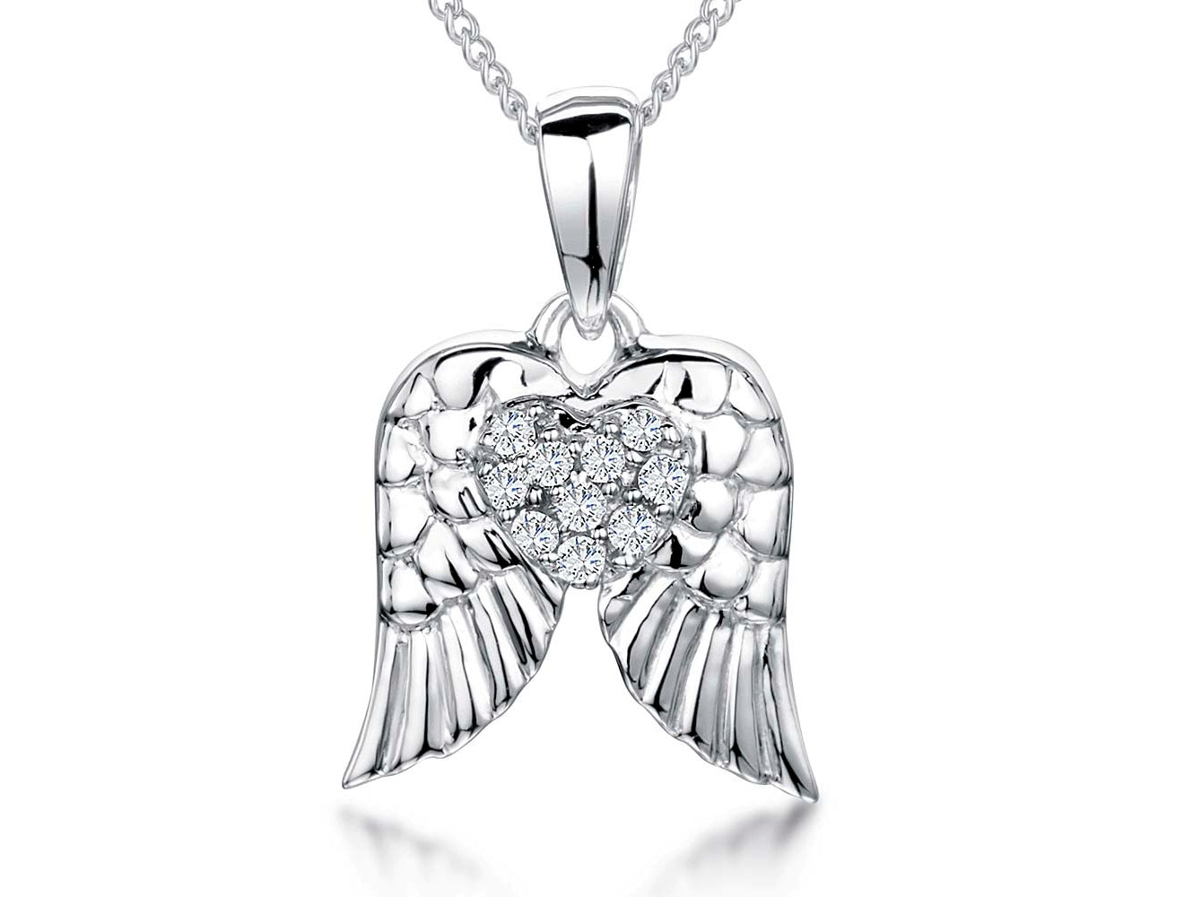 Sterling Silver Wing Pendant Set With A Cubic Zirconia Heart Centre