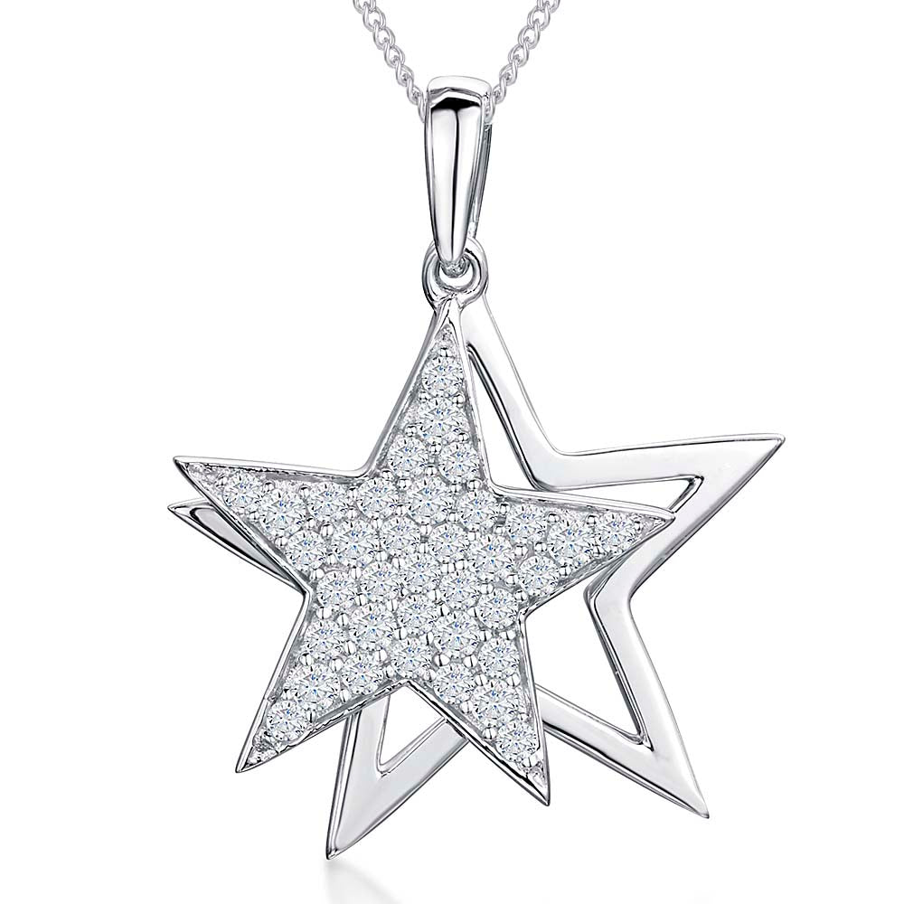 Sterling Silver Double Star Pendant Necklace | Cubic Zirconia