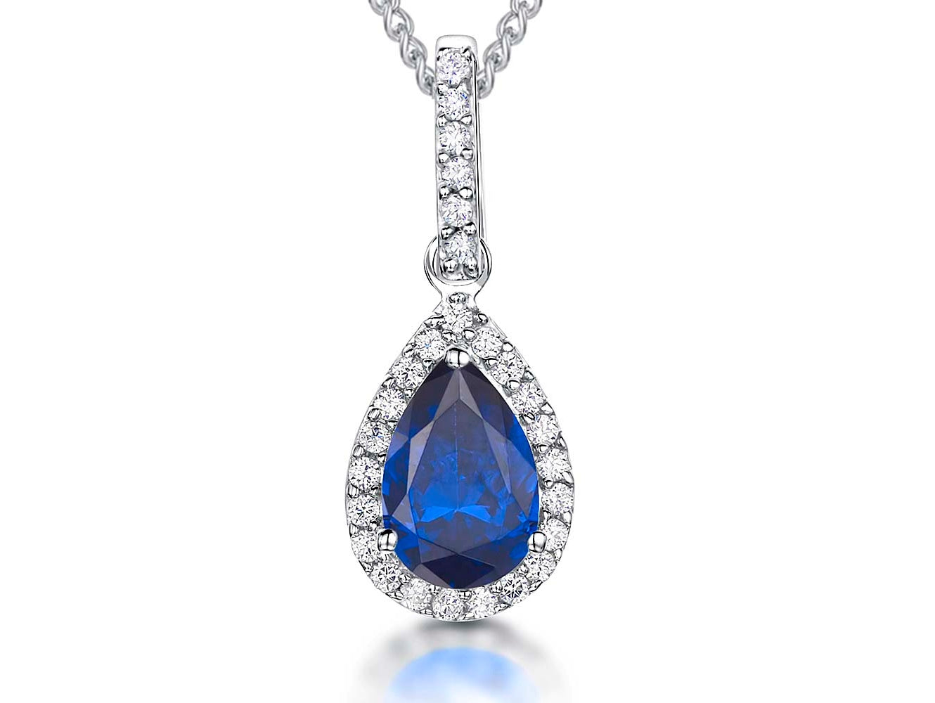 Sterling Silver Pear Cut Sapphire Blue Necklace with CZ Halo