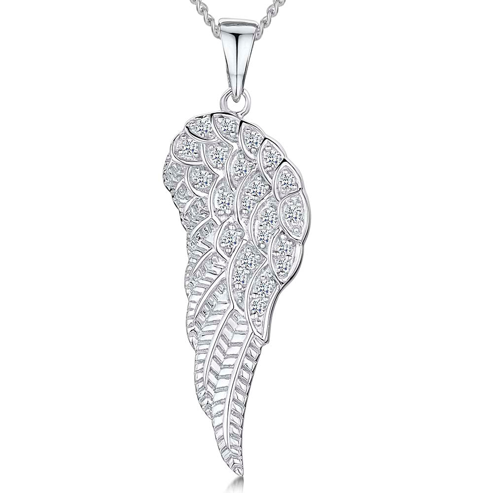 Sterling Silver Single  Angel  Wing Cubic Zirconia Pendant