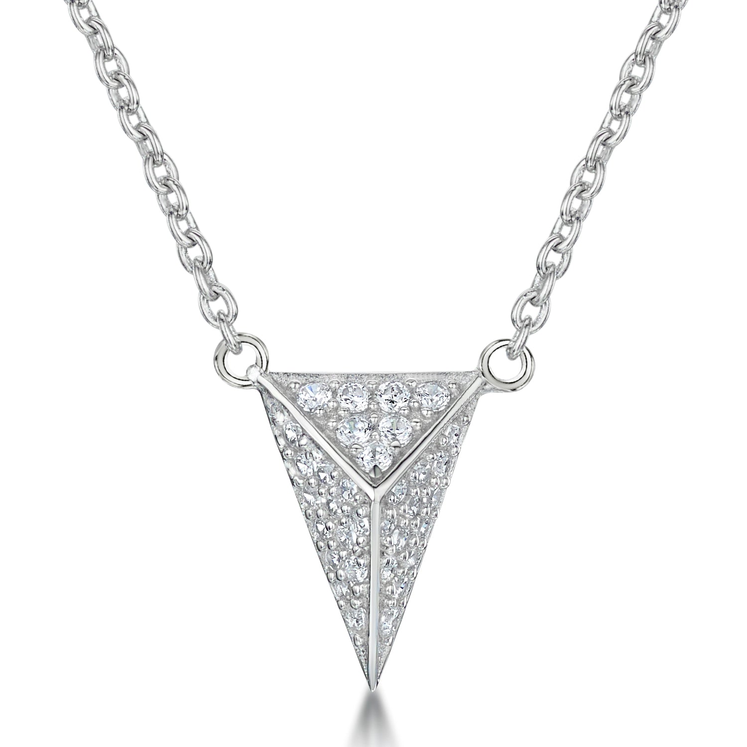 Sterling Silver Pyramid Shaped Pendant On A Fixed Chain With Pave Set Cubic Zirconias