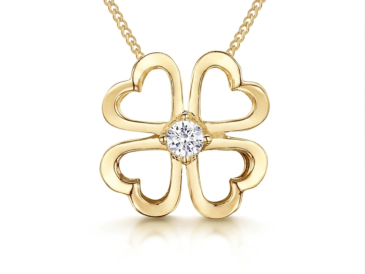 Gold Vermeil Heart Shape Clover Pendant With Cubic Zirconia Centre